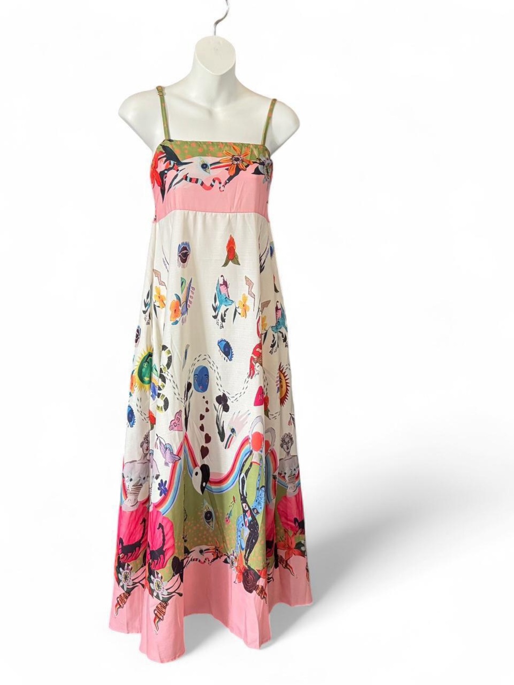 Linen Blend Multicolor Evergreen Print Sundress Maxi Dress